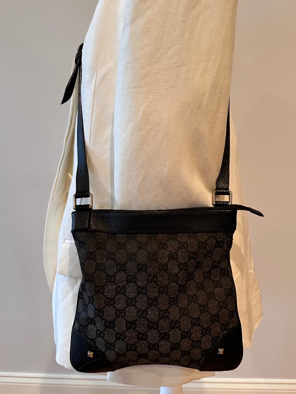 Gucci Navy Canvas GG Monogram Flat Messenger Crossbody Bag